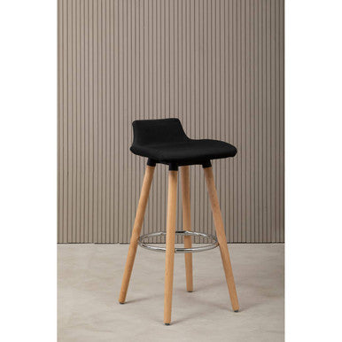 Black bar stool with wooden legs against a striped wall.