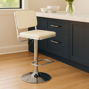 Stockholm White Leather Effect Adjustable Bar Stool with Chrome Finish Base