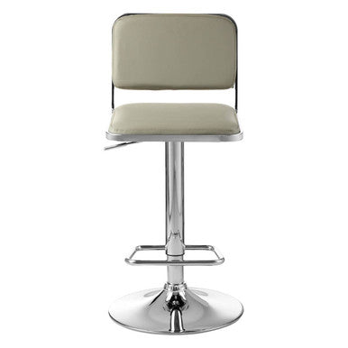 Bar stool with beige cushioned seat and backrest on a white background