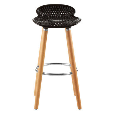 Black bar stool with woven seat and wooden legs on a white background