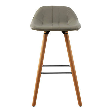 Bar stool with green cushioned seat and wooden legs on a white background