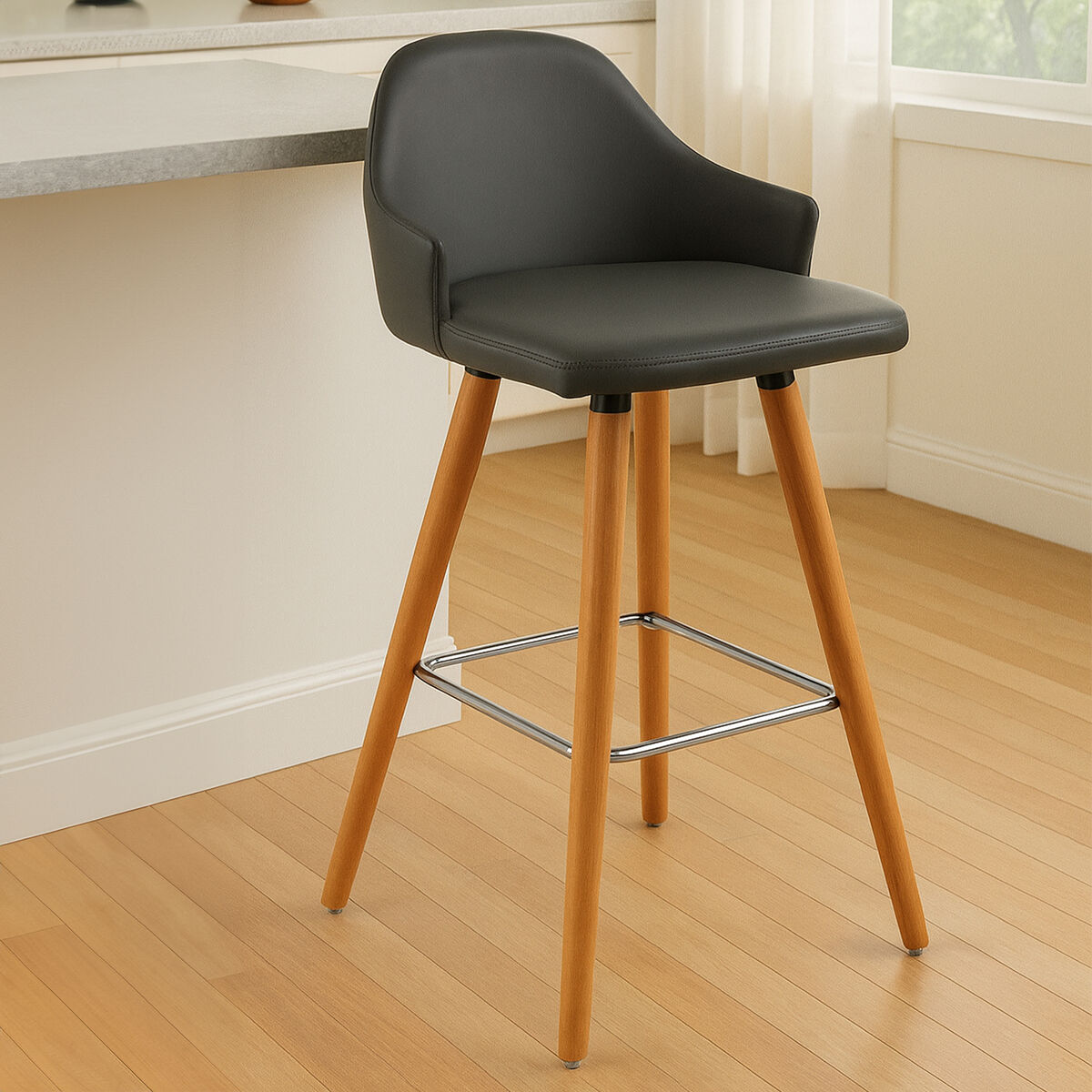 Stockholm Grey Faux Leather Bar Stool with Beechwood Legs