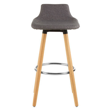 Bar stool with gray cushioned seat and wooden legs on a white background