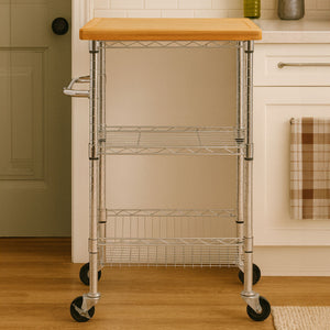 Silver and Natural 3 Tier Kitchen Trolley with Rubber Wood Top | Frankfurt