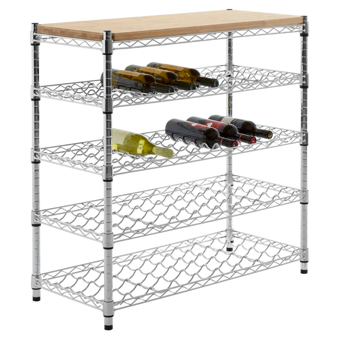 Metal shelving unit with wooden top holding wine bottles on a white background