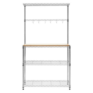Metal shelving unit with a wooden shelf on a white background