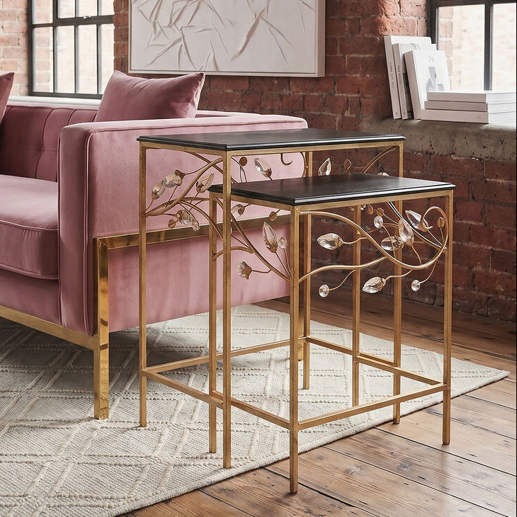 Set of 2 Black Wooden Top Tables with Gold Metal Frame, Yaxi