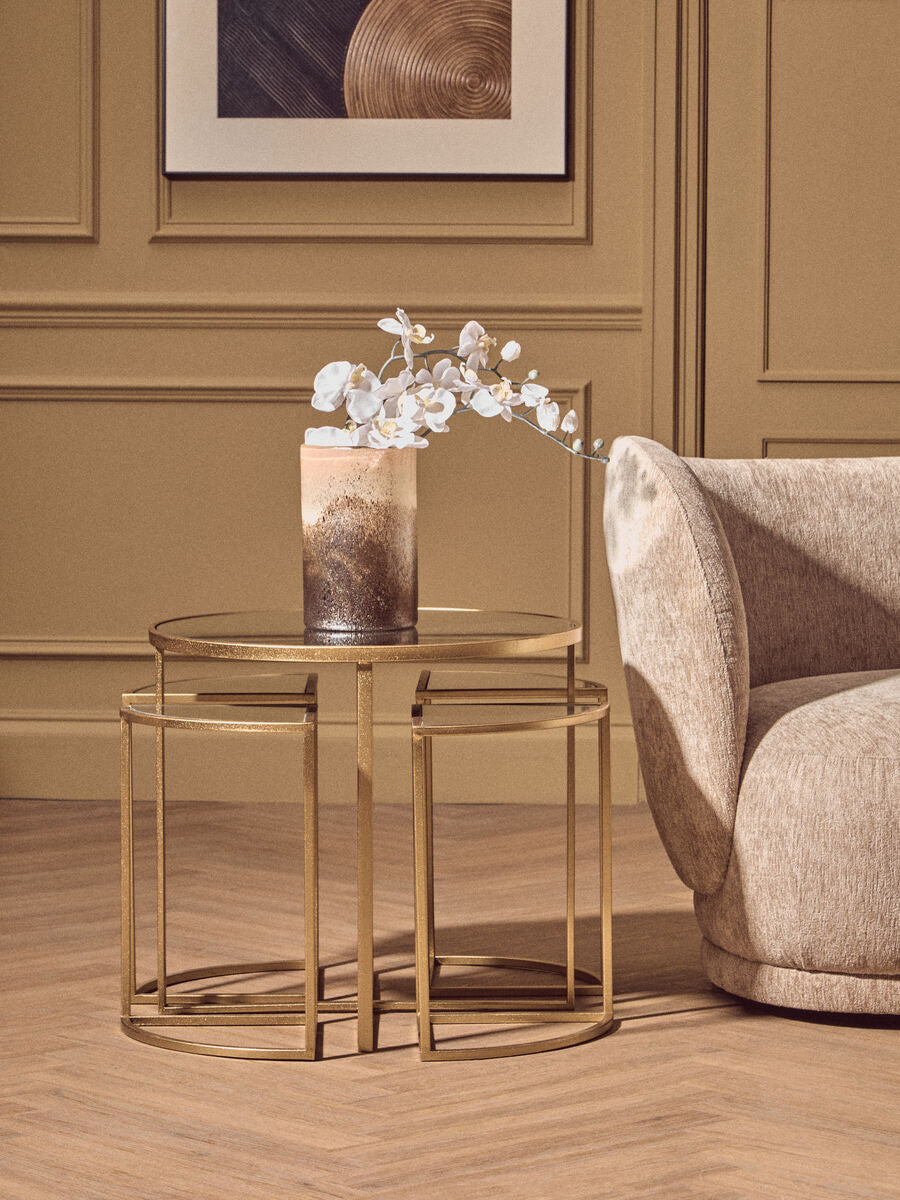 Set of 5 Champagne Gold Wood and Metal Nesting Tables with Glass Top, Farran