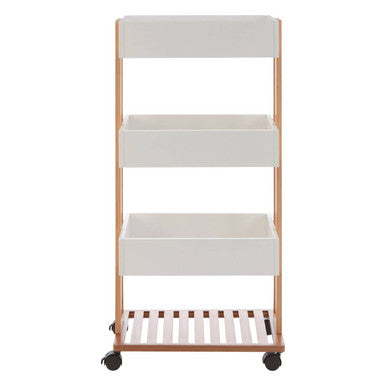 Three-tiered rolling cart with white shelves on a white background