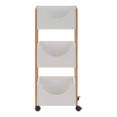 Three-tiered rolling cart with white bins on a white background