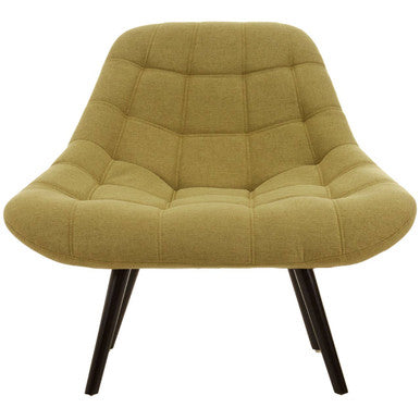 Green cushioned chair with black legs on a white background