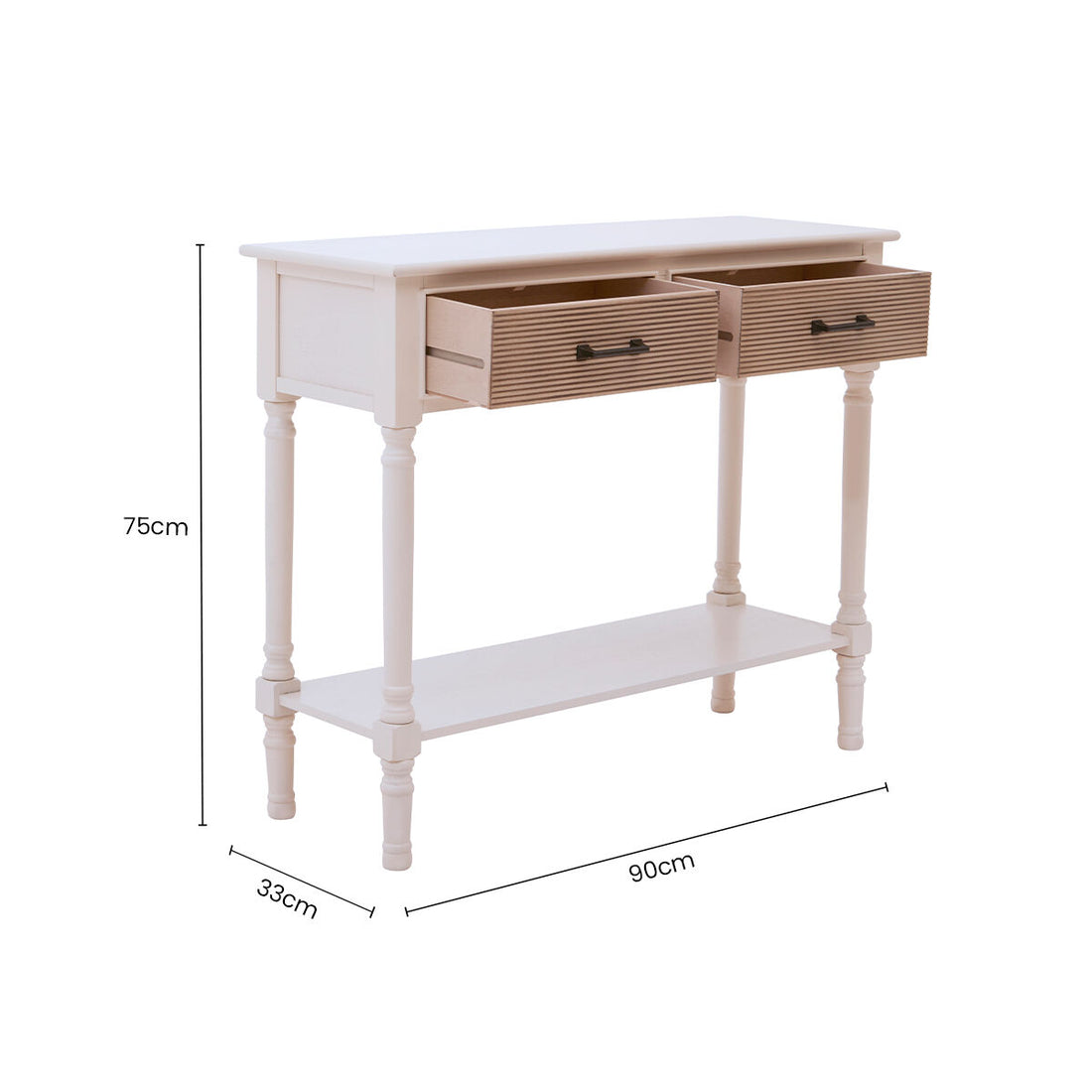 White Natural Wood Console Table with Two Carved Detail Drawers and Lower Shelf, Heritage