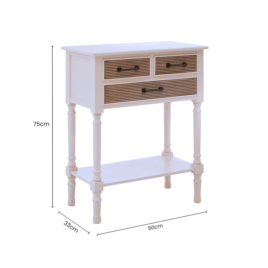 White Natural Wood Console Table with 3 Carved Detail Drawers and Lower Shelf, Heritage