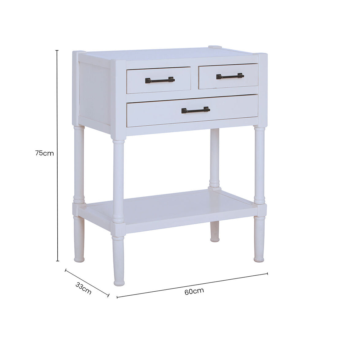 Pearl White Finish Wooden Console Table with Three Drawers and Lower Storage Shelf, Heritage