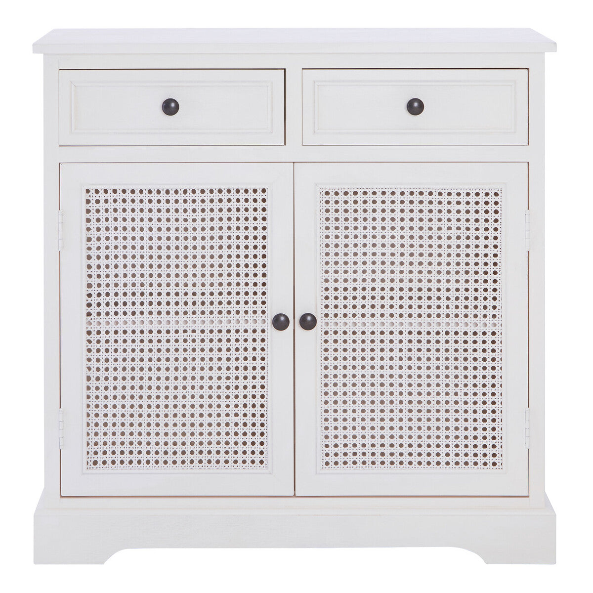 White cabinet with two doors and two drawers on a white background