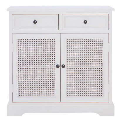 White cabinet with two doors and two drawers on a white background