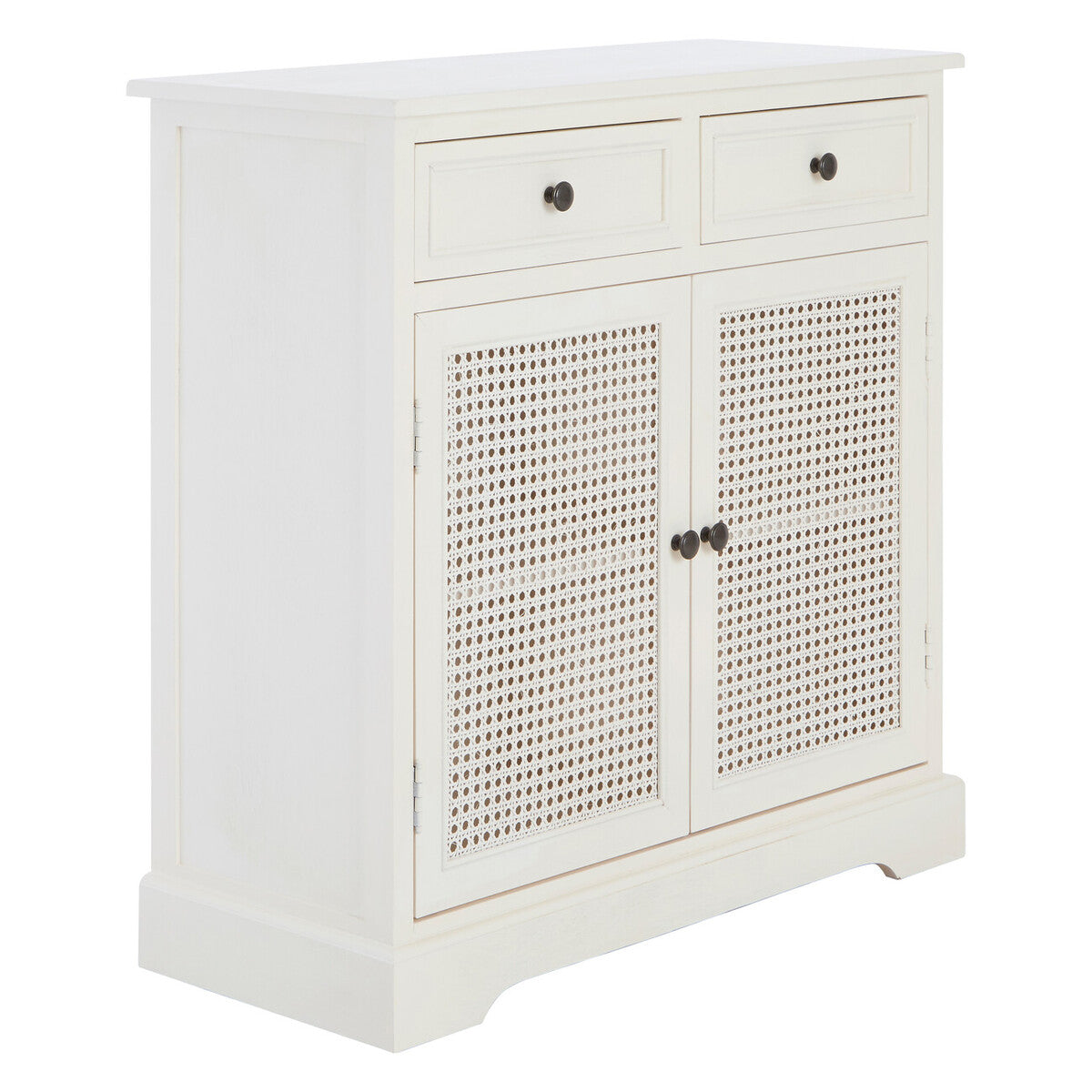 White cabinet with rattan doors and black handles on a white background
