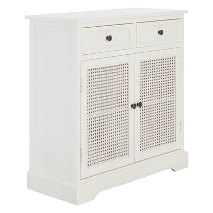 White cabinet with rattan doors and black handles on a white background