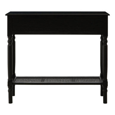 Antique Black Wash Wooden 2-Drawer Console Table with Lower Cane Detail Display Shelf, Heritage