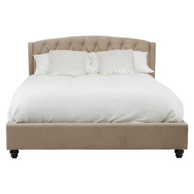 Beige upholstered bed with white bedding on a white background