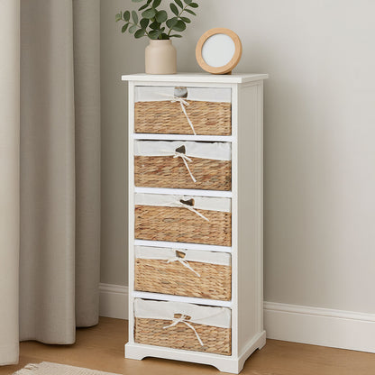 White cabinet with wicker drawers against a neutral wall