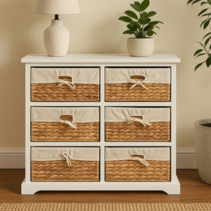 Ashby White Acacia Wood and Water Hyacinth 6 Drawer Chest