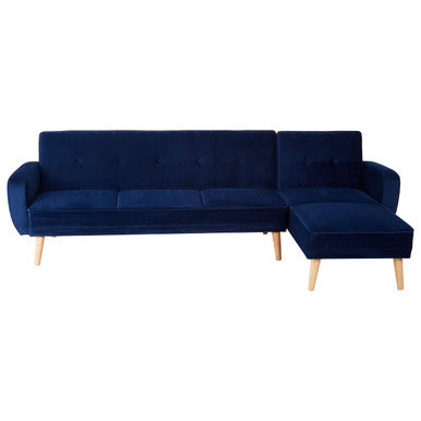 Navy blue sectional sofa with wooden legs on a white background