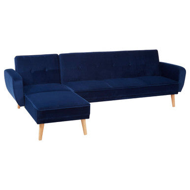 Navy blue sofa with wooden legs on a white background