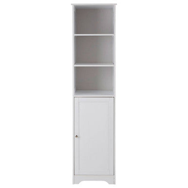 Tall white cabinet with three shelves on a white background