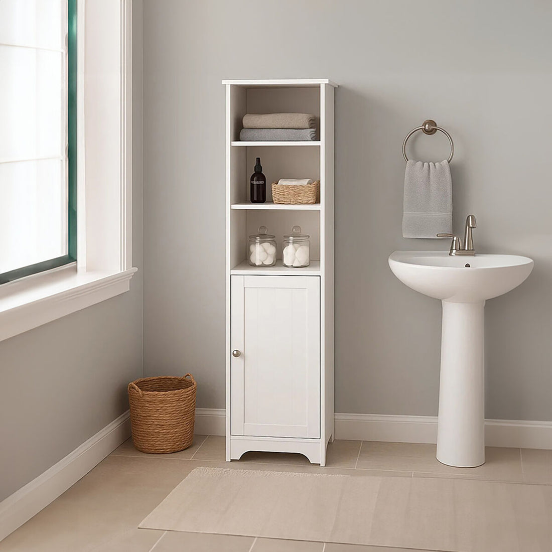 Bathroom with a white tall cabinet, sink, and towel.