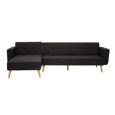 Black sectional sofa with wooden legs on a white background