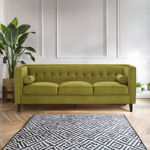 Helia Olive Velvet Button Tufted 3 Seater Sofa