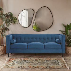 Helia Blue Velvet Button Tufted 3 Seater Sofa