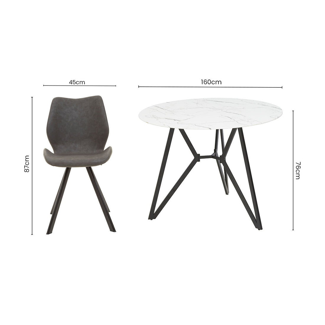 White Round Marble Effect Top and Grey Meta Frame Dining Table with Grey 6 Chairs Set, Weston