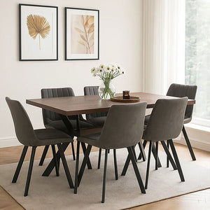 Grey Wooden Top and Metal Legs Rectangle Dining Table with 6 Brown Chairs Set, Westford
