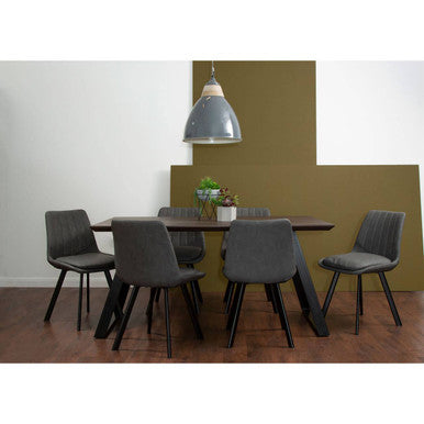 Brown Wooden Top and Metal Legs Dining Table with 6 Grey Chairs Set, Westford