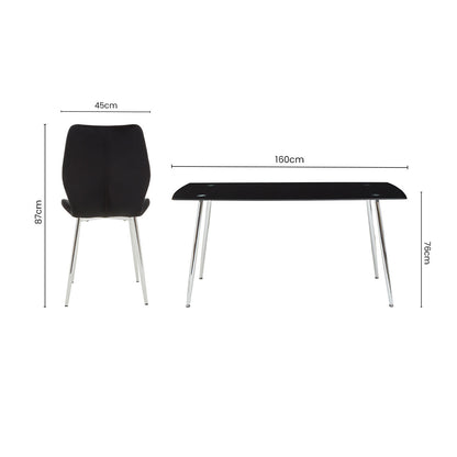 Black Tempered Glass Top and Silver Frame Dining Table with 6 Chairs Set | Wimslow