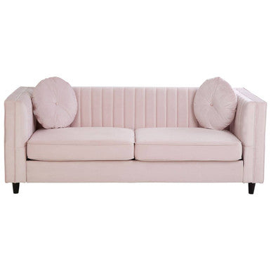 Pink sofa with two cushions on a white background