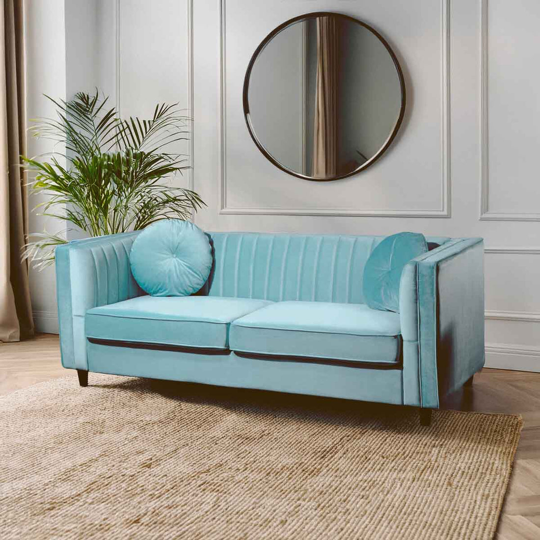 Farah Three Seater Pastel Green Velvet Sofa
