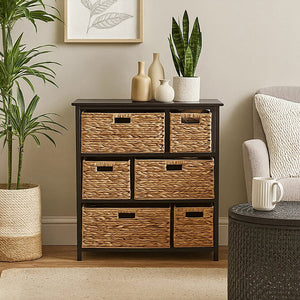 Padstow Black Wooden Storage Unit with 6 Water Hyacinth Drawers