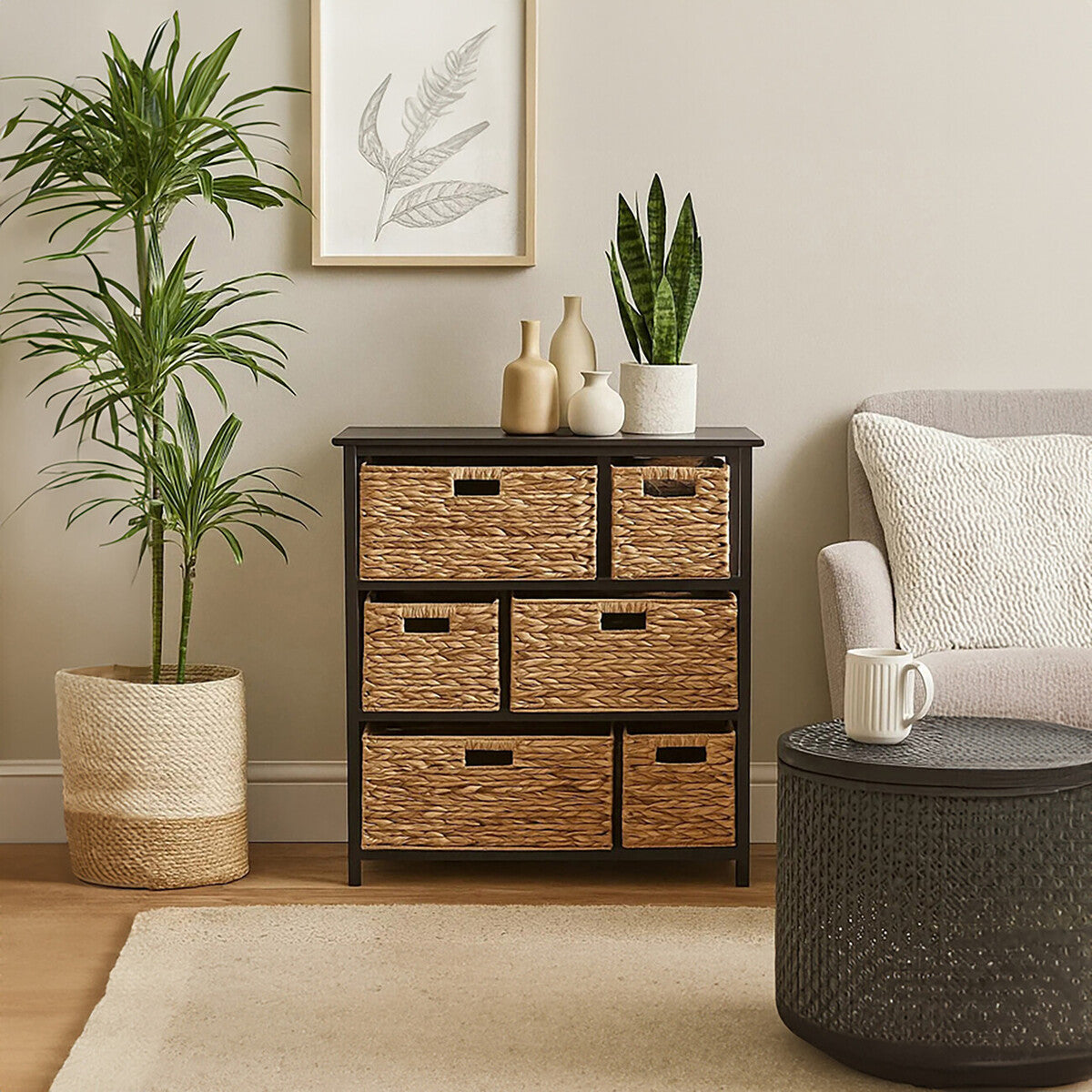 Padstow Black Storage Unit with 6 Water Hyacinth Drawers