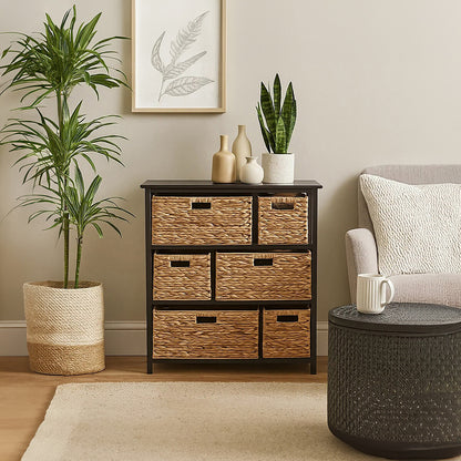 Padstow Black Storage Unit with 6 Water Hyacinth Drawers