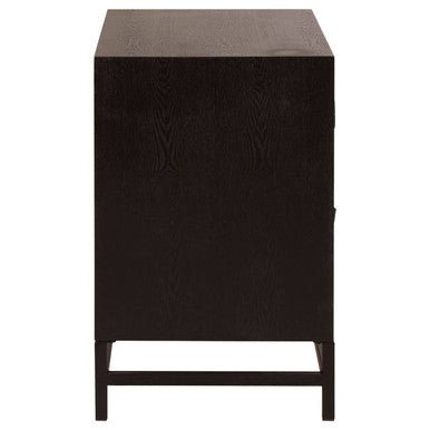 Black Wooden 2-Drawer Bedside Table with Chevron Pattern Drawer Fronts and Metal Handles, Lombok