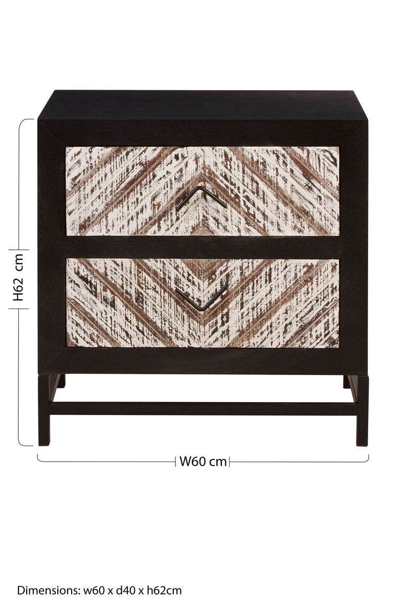 Black Wooden 2-Drawer Bedside Table with Chevron Pattern Drawer Fronts and Metal Handles, Lombok
