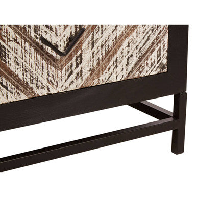 Black Wooden 2-Drawer Bedside Table with Chevron Pattern Drawer Fronts and Metal Handles, Lombok