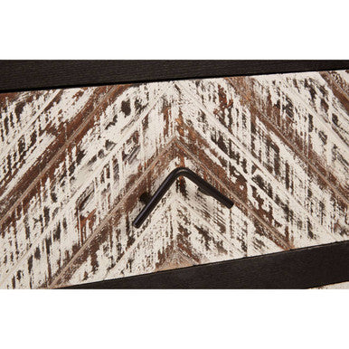 Black Wooden 2-Drawer Bedside Table with Chevron Pattern Drawer Fronts and Metal Handles, Lombok