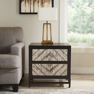 Black Wooden 2-Drawer Bedside Table with Chevron Pattern Drawer Fronts and Metal Handles, Lombok
