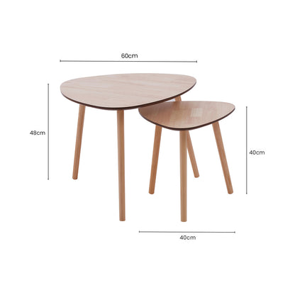 Set of 2 Natural Wooden Nesting Side Tables with Tripod Legs and Rounded Triangle Tops, Rostok