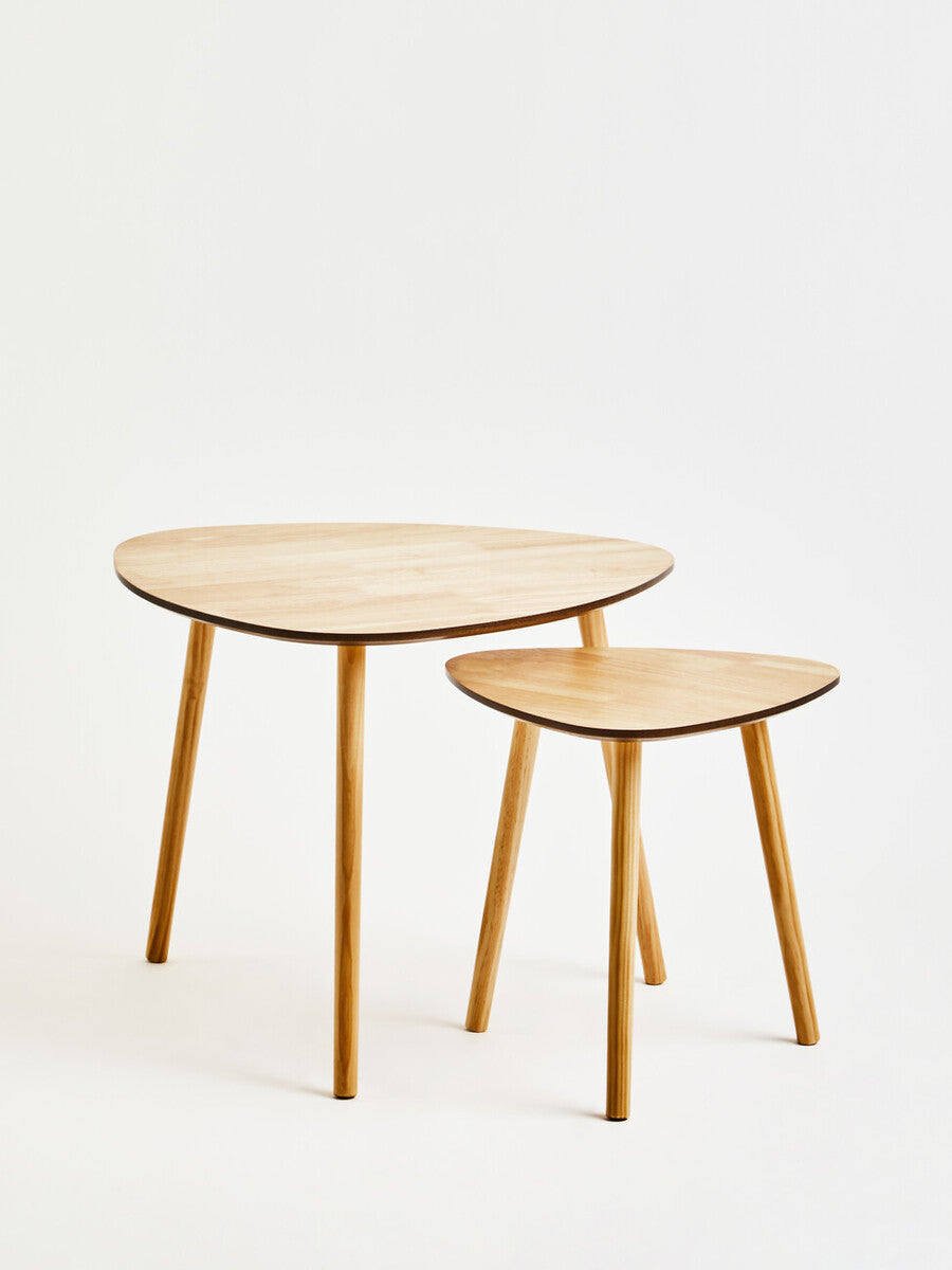 Set of 2 Natural Wooden Nesting Side Tables with Tripod Legs and Rounded Triangle Tops, Rostok