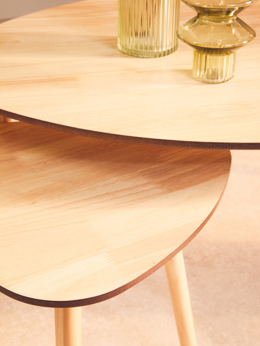 Set of 2 Natural Wooden Nesting Side Tables with Tripod Legs and Rounded Triangle Tops, Rostok